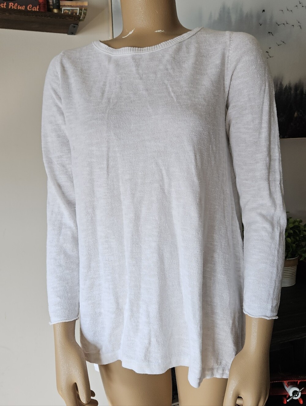 Eileen Fisher White Airy Long Sleeve Knit Top Organic Linen Blend Minimalist S